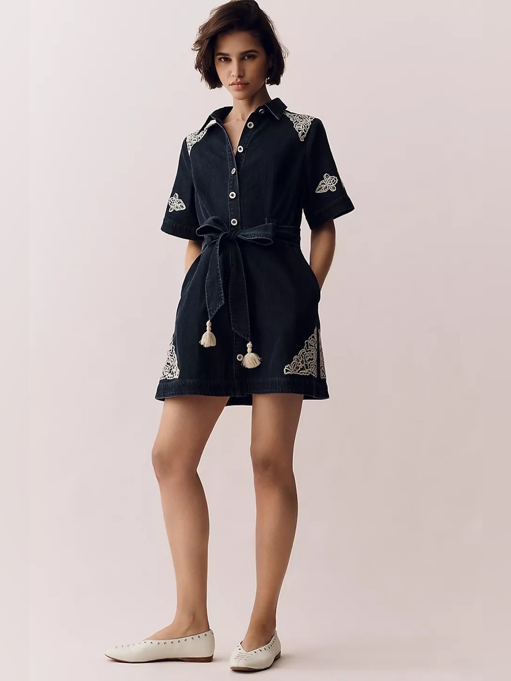NWT Size L - En Saison Natalia Embroidered Short-Sleeve Shirt Dress